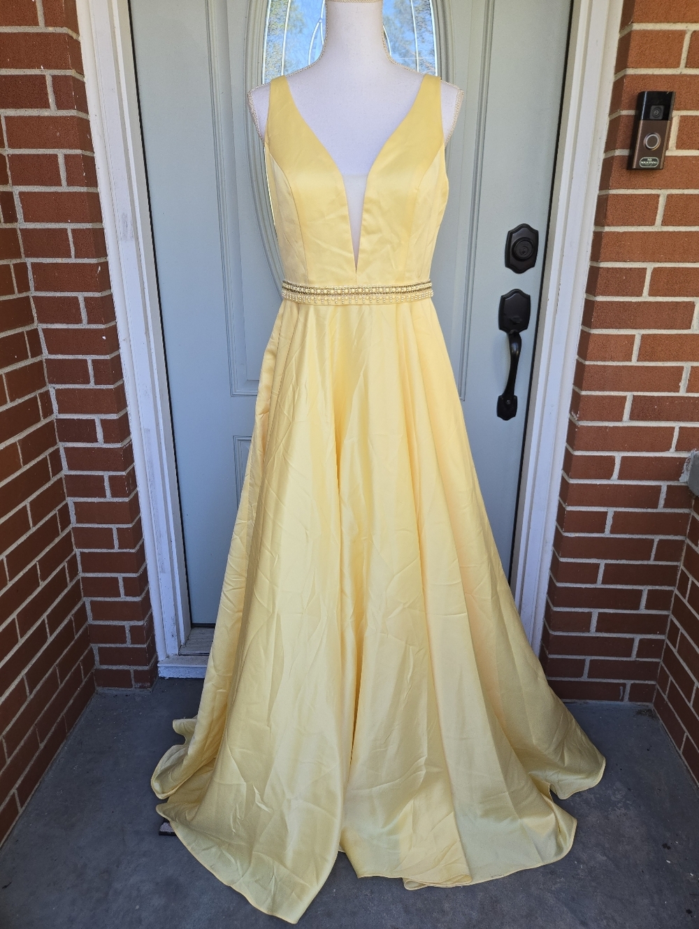 Dave & Johnny Yellow Plunge Satin Gown